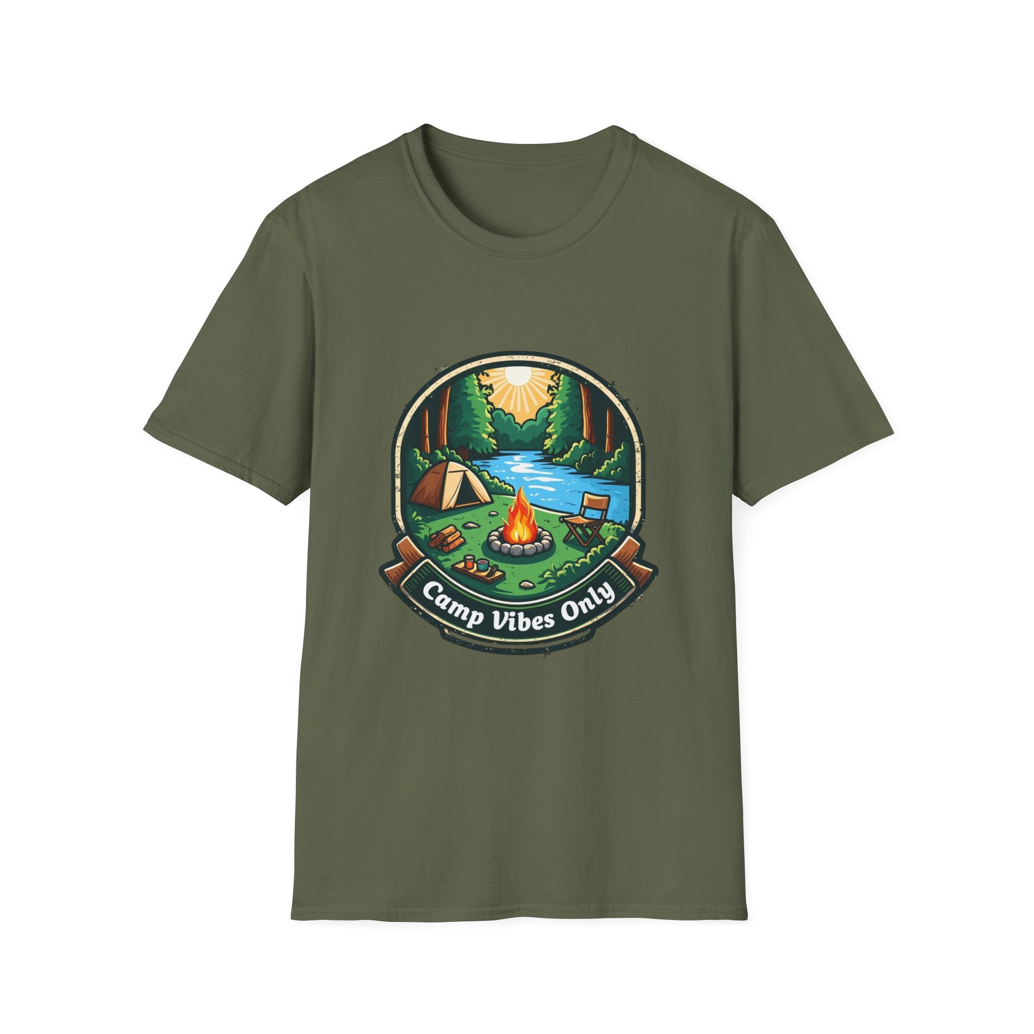 Camp Vibes Only T-Shirt – Vintage Camping Badge Tee | Nature Adventure Graphic | Unisex Softstyle T-Shirt
