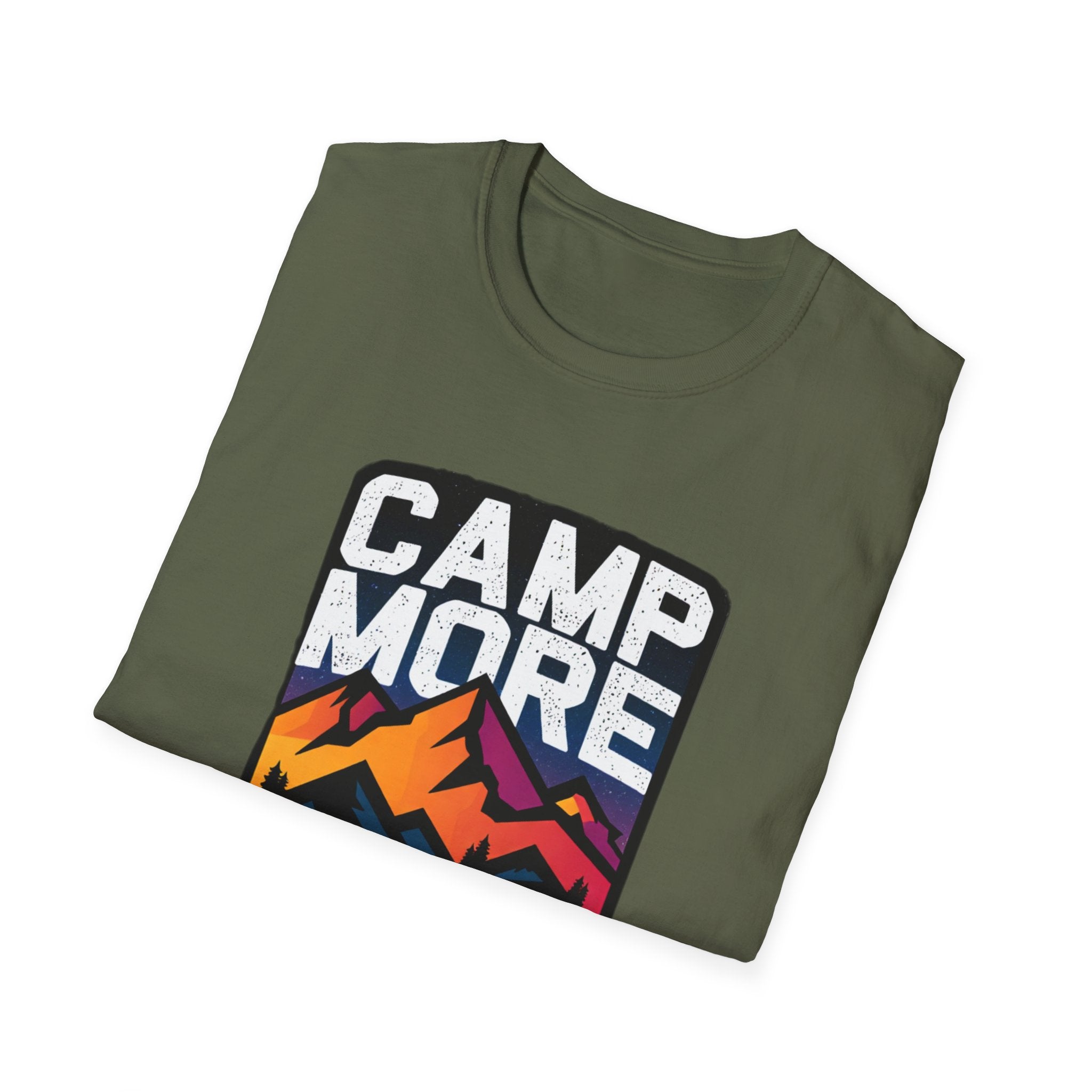 Camp More, Worry Less T-Shirt – Mountain Camping Graphic Tee | Outdoor Adventure Hiking Shirt | Unisex Nature Lover Gift | Unisex Softstyle T-Shirt