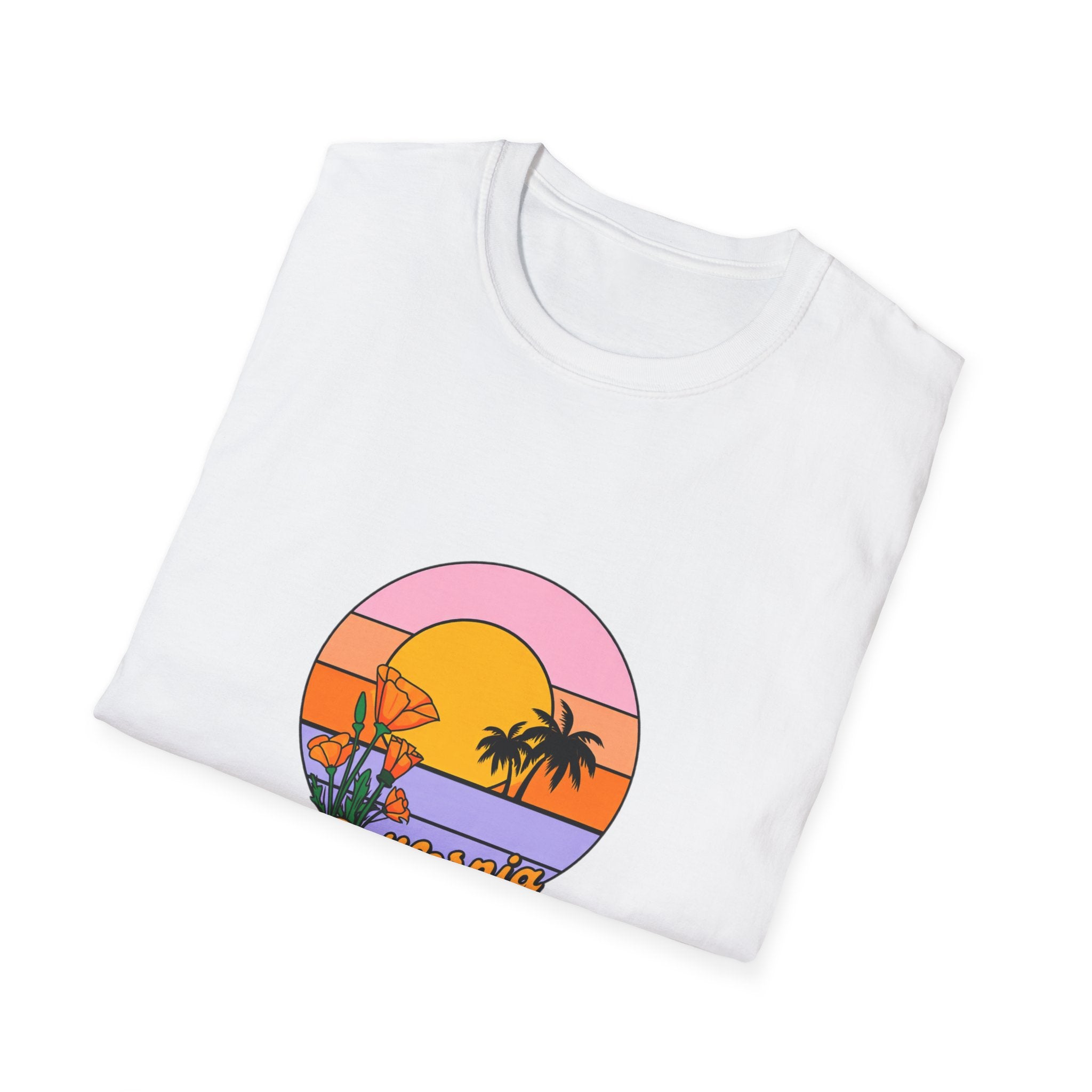 California in Bloom Unisex Softstyle T-Shirt – Retro Sunset Palm Tree Spring Graphic Tee, Aesthetic West Coast Vibes Shirt