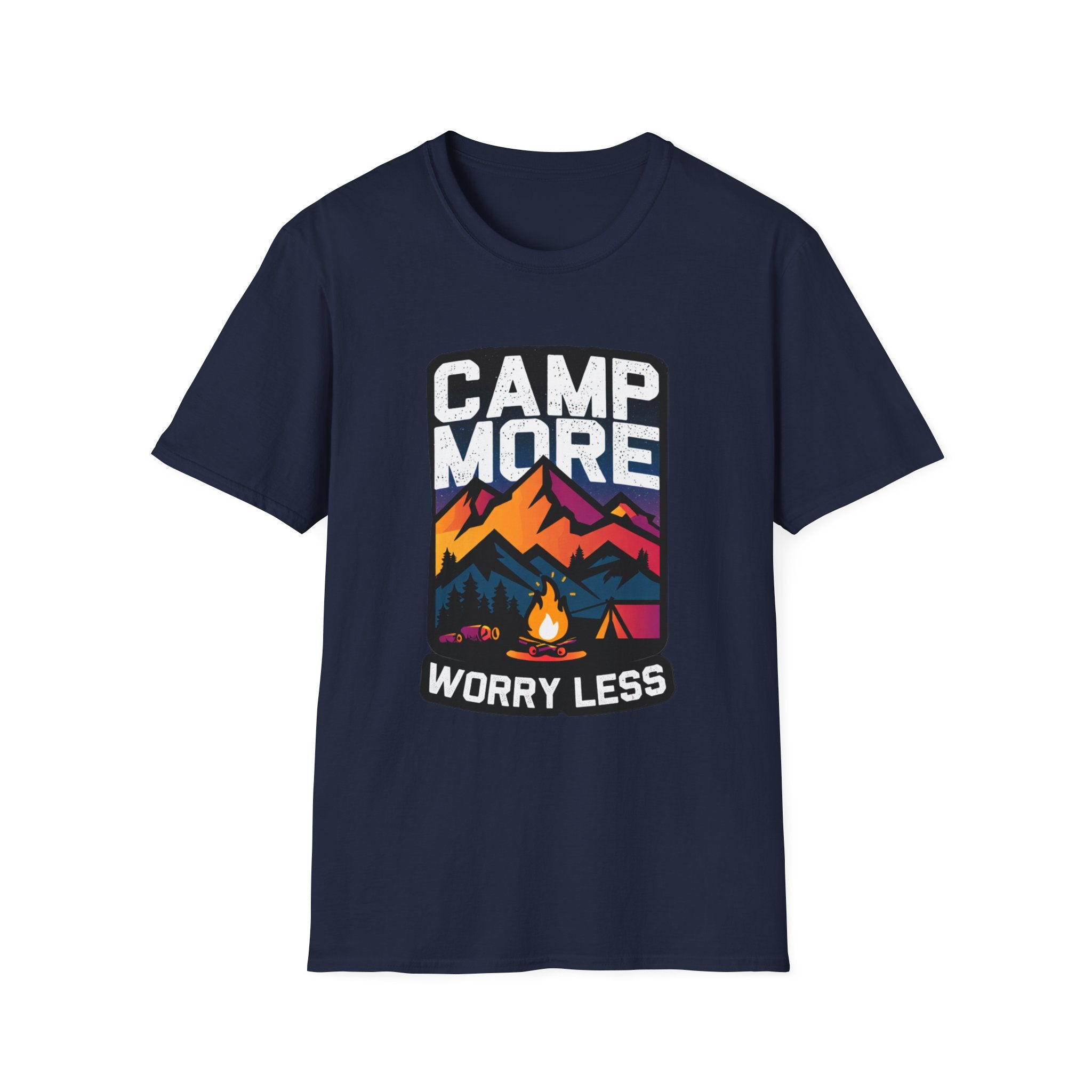 Camp More, Worry Less T-Shirt – Mountain Camping Graphic Tee | Outdoor Adventure Hiking Shirt | Unisex Nature Lover Gift | Unisex Softstyle T-Shirt