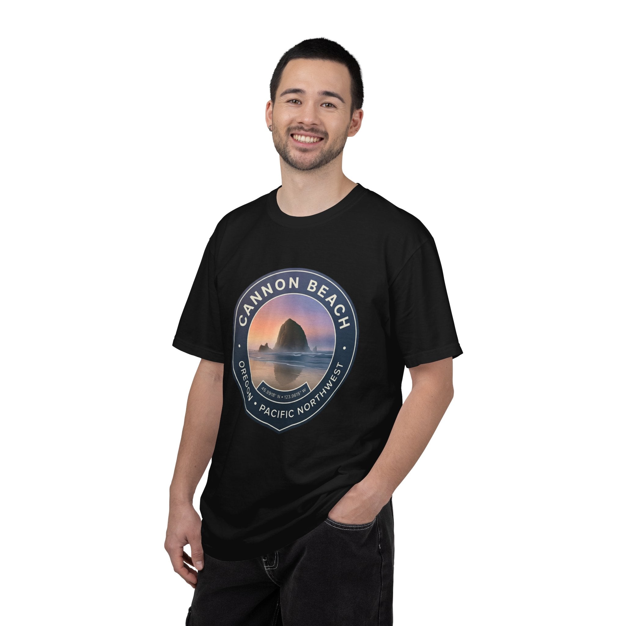 Cannon Beach Oregon T-Shirt – Haystack Rock Minimal Badge Tee | Pacific Northwest Aesthetic Shirt | Unisex Streetwear Graphic Tee | Unisex Garment-Dyed T-shirt