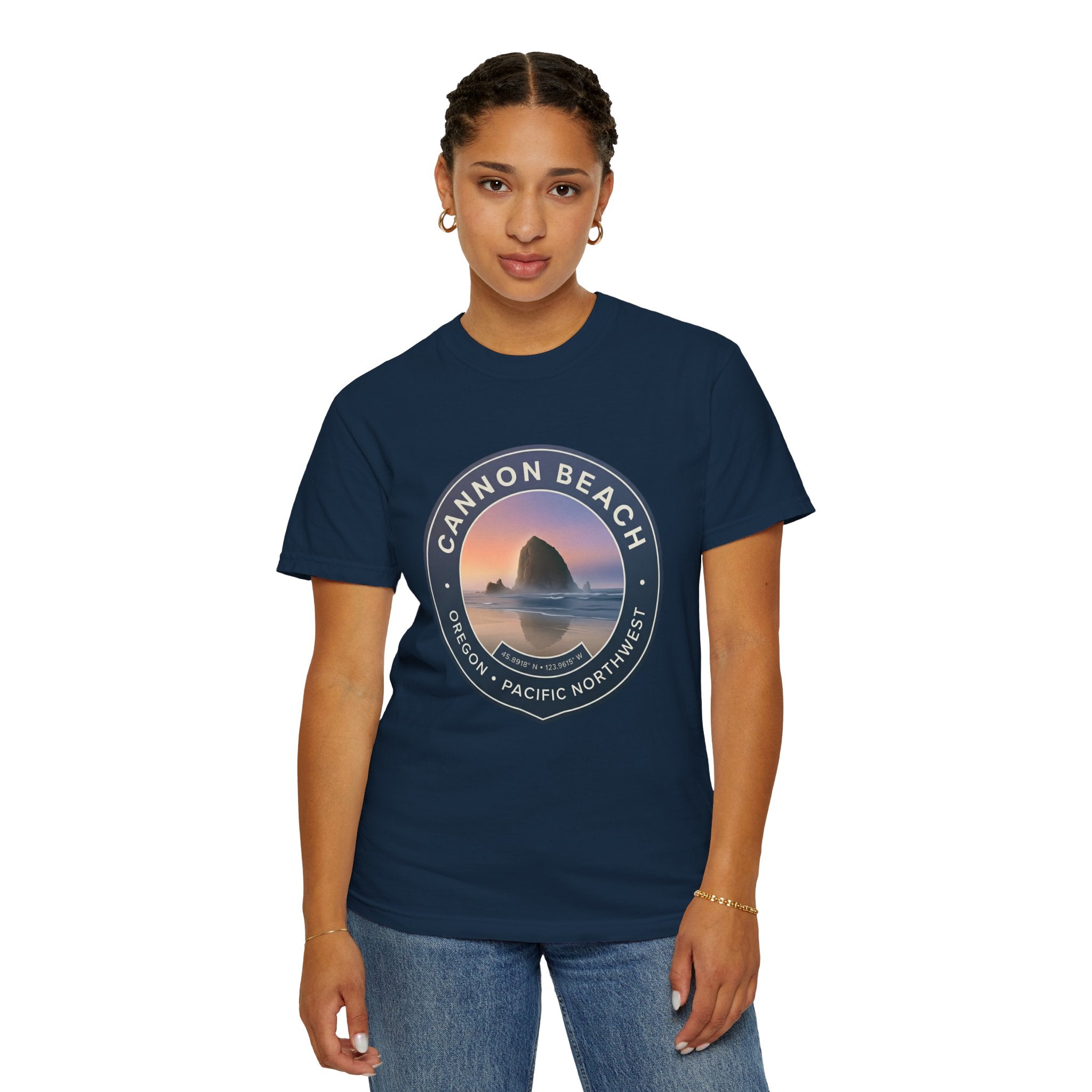 Cannon Beach Oregon T-Shirt – Haystack Rock Minimal Badge Tee | Pacific Northwest Aesthetic Shirt | Unisex Streetwear Graphic Tee | Unisex Garment-Dyed T-shirt