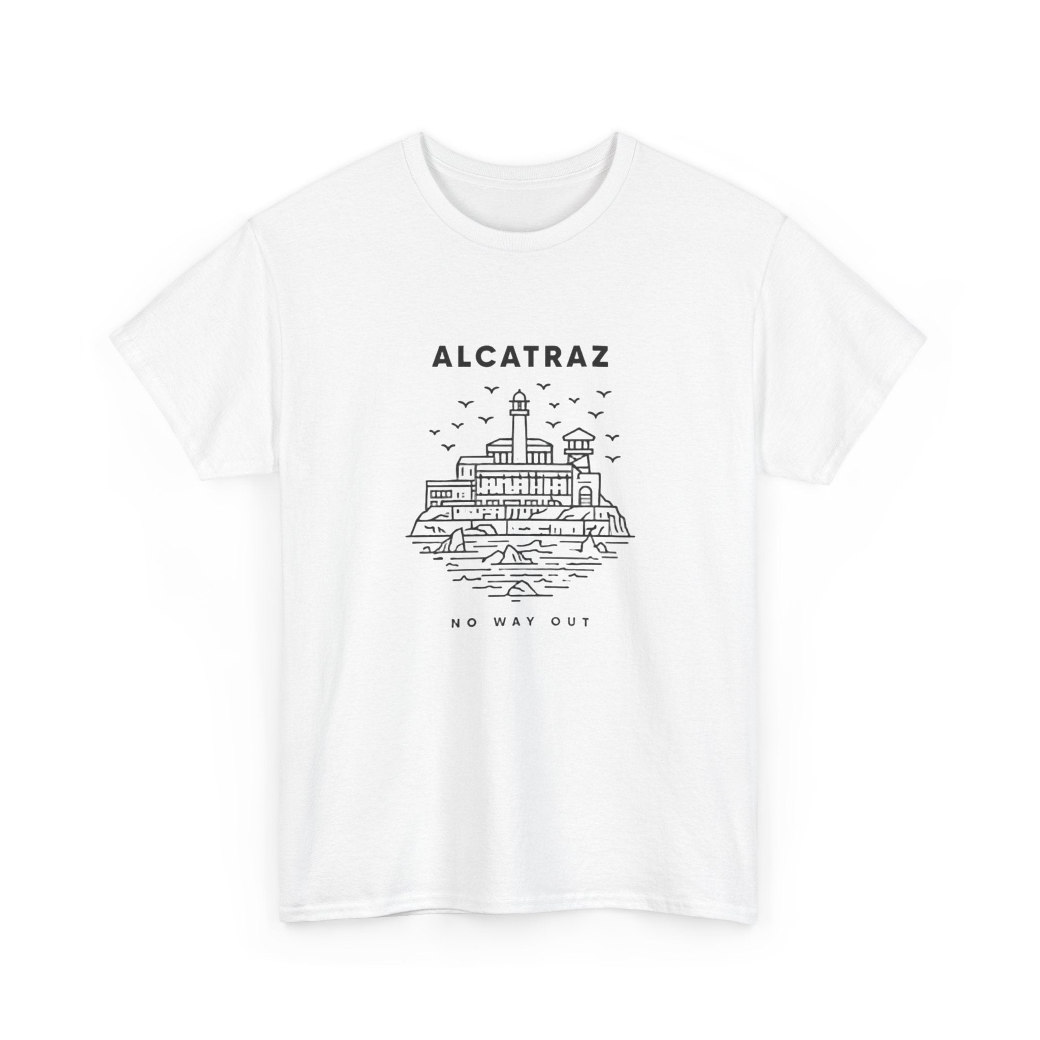 Alcatraz “No Way Out” Minimal Line Art T-Shirt – San Francisco Streetwear Graphic Tee (Unisex Heavy Cotton Tee)
