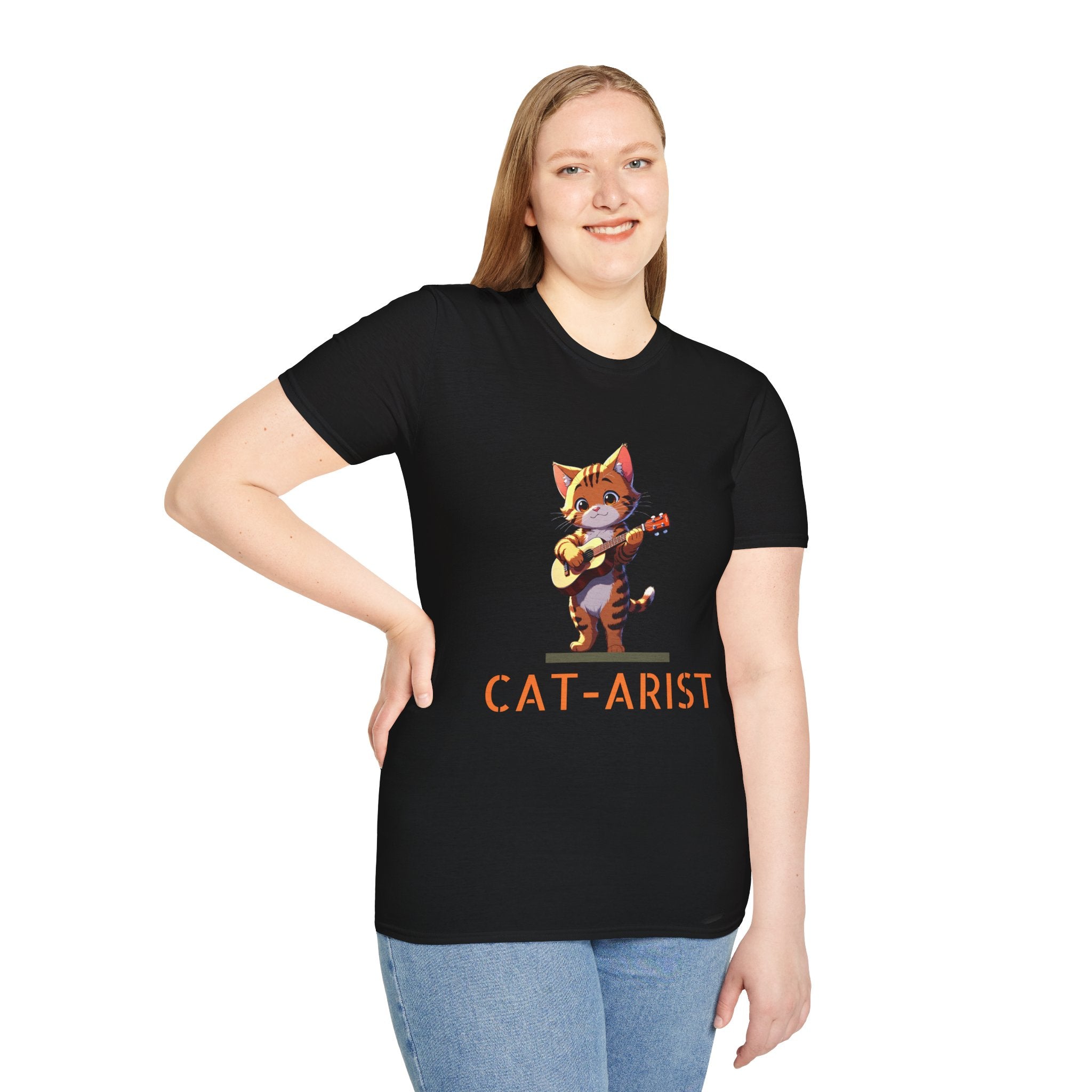 Cat-arist Funny Cat Playing Guitar Unisex Softstyle T-Shirt | Cute Music Lover Tee | Gift for Cat Lovers (Unisex Softstyle T-Shirt)