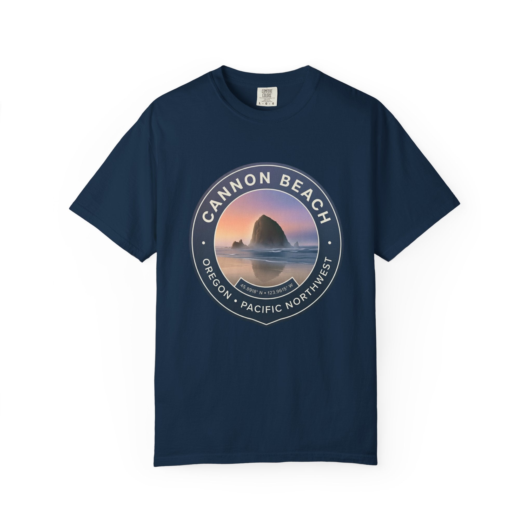 Cannon Beach Oregon T-Shirt – Haystack Rock Minimal Badge Tee | Pacific Northwest Aesthetic Shirt | Unisex Streetwear Graphic Tee | Unisex Garment-Dyed T-shirt