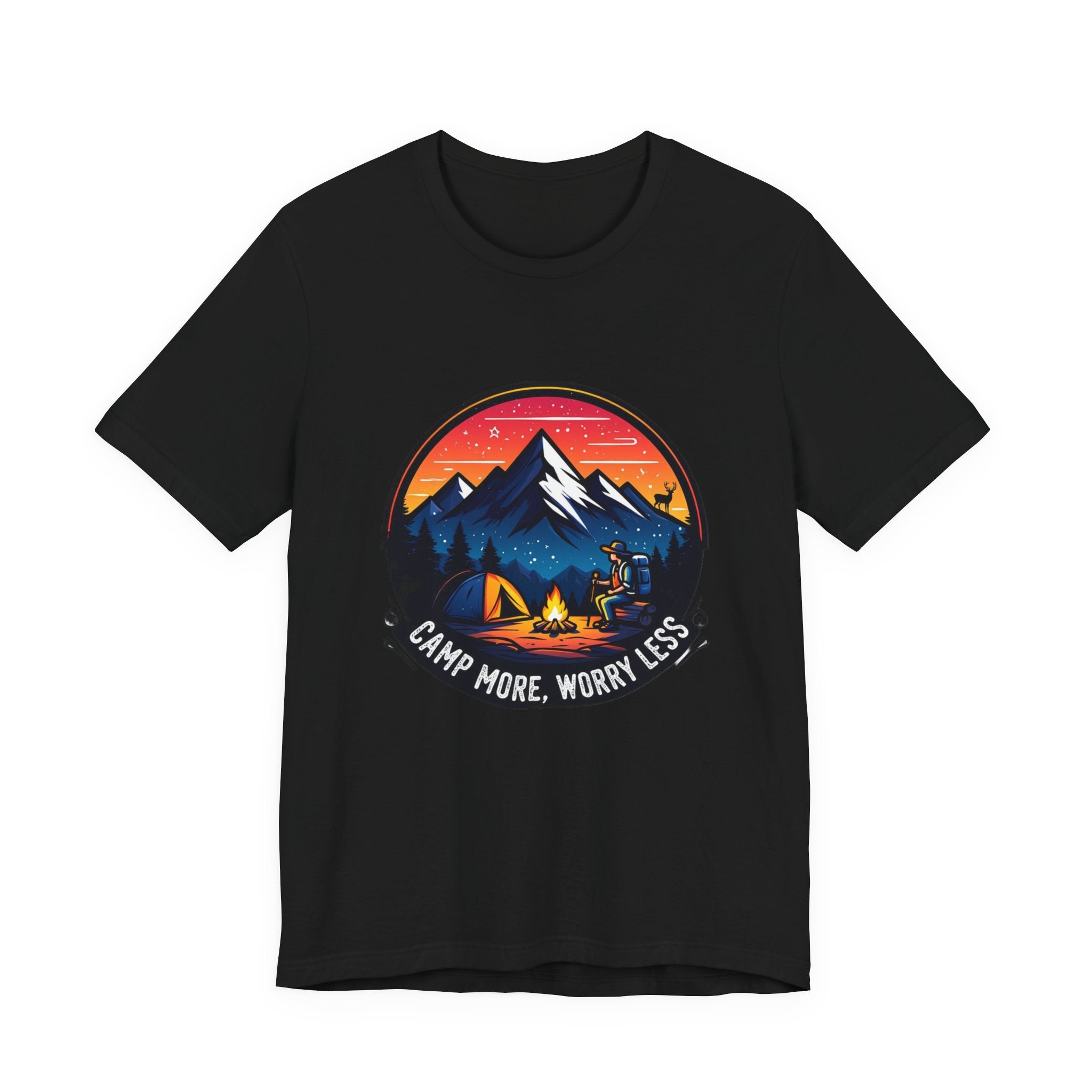 "Camp More Worry Less" Graphic Tee | Unisex Camping Hiking Outdoor T-Shirt  | Unisex Jersey Short Sleeve Tee