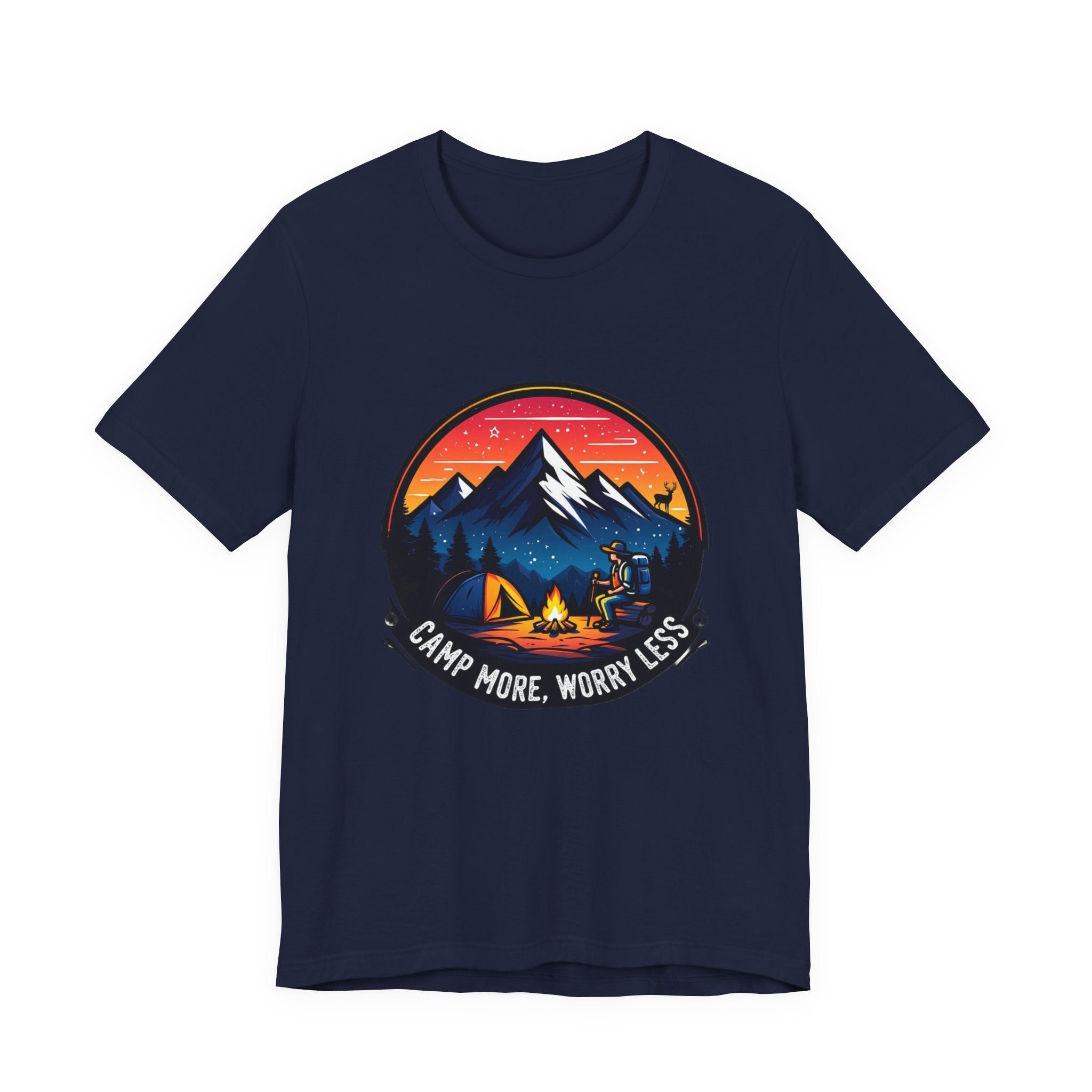 "Camp More Worry Less" Graphic Tee | Unisex Camping Hiking Outdoor T-Shirt  | Unisex Jersey Short Sleeve Tee