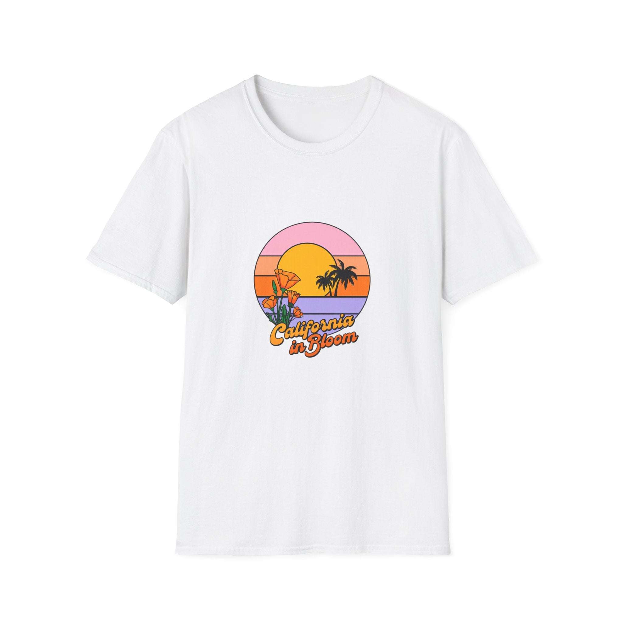 California in Bloom Unisex Softstyle T-Shirt – Retro Sunset Palm Tree Spring Graphic Tee, Aesthetic West Coast Vibes Shirt