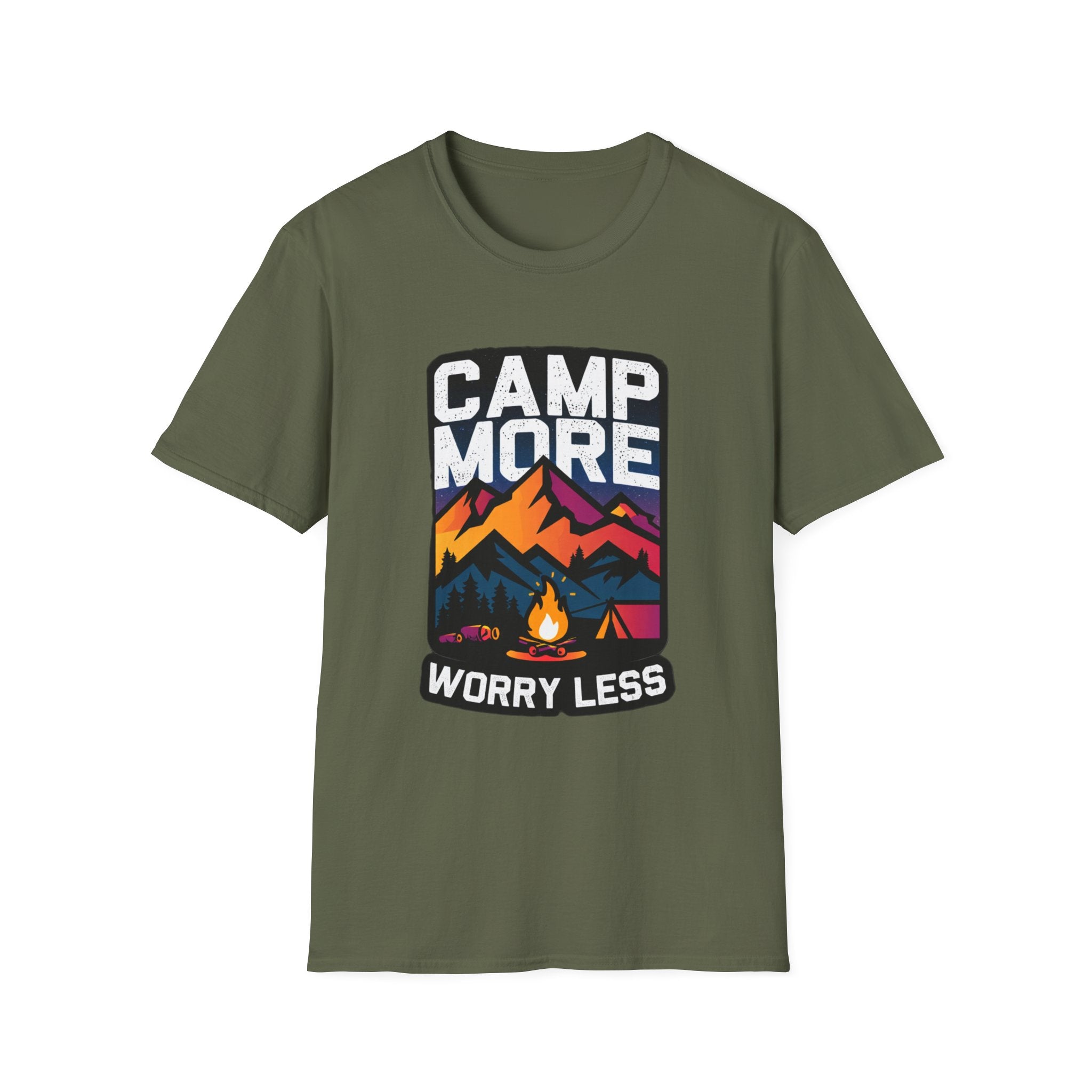 Camp More, Worry Less T-Shirt – Mountain Camping Graphic Tee | Outdoor Adventure Hiking Shirt | Unisex Nature Lover Gift | Unisex Softstyle T-Shirt