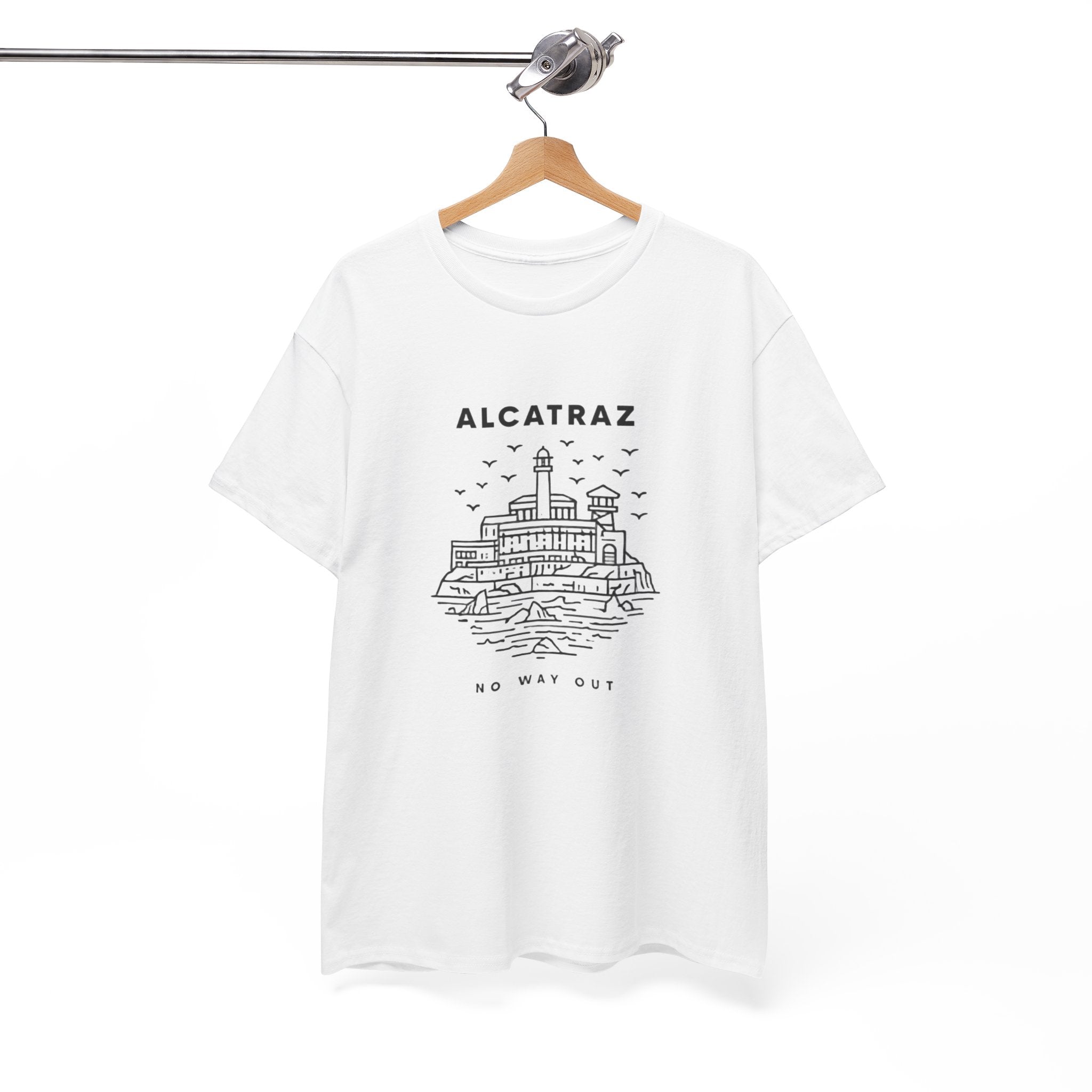 Alcatraz “No Way Out” Minimal Line Art T-Shirt – San Francisco Streetwear Graphic Tee (Unisex Heavy Cotton Tee)