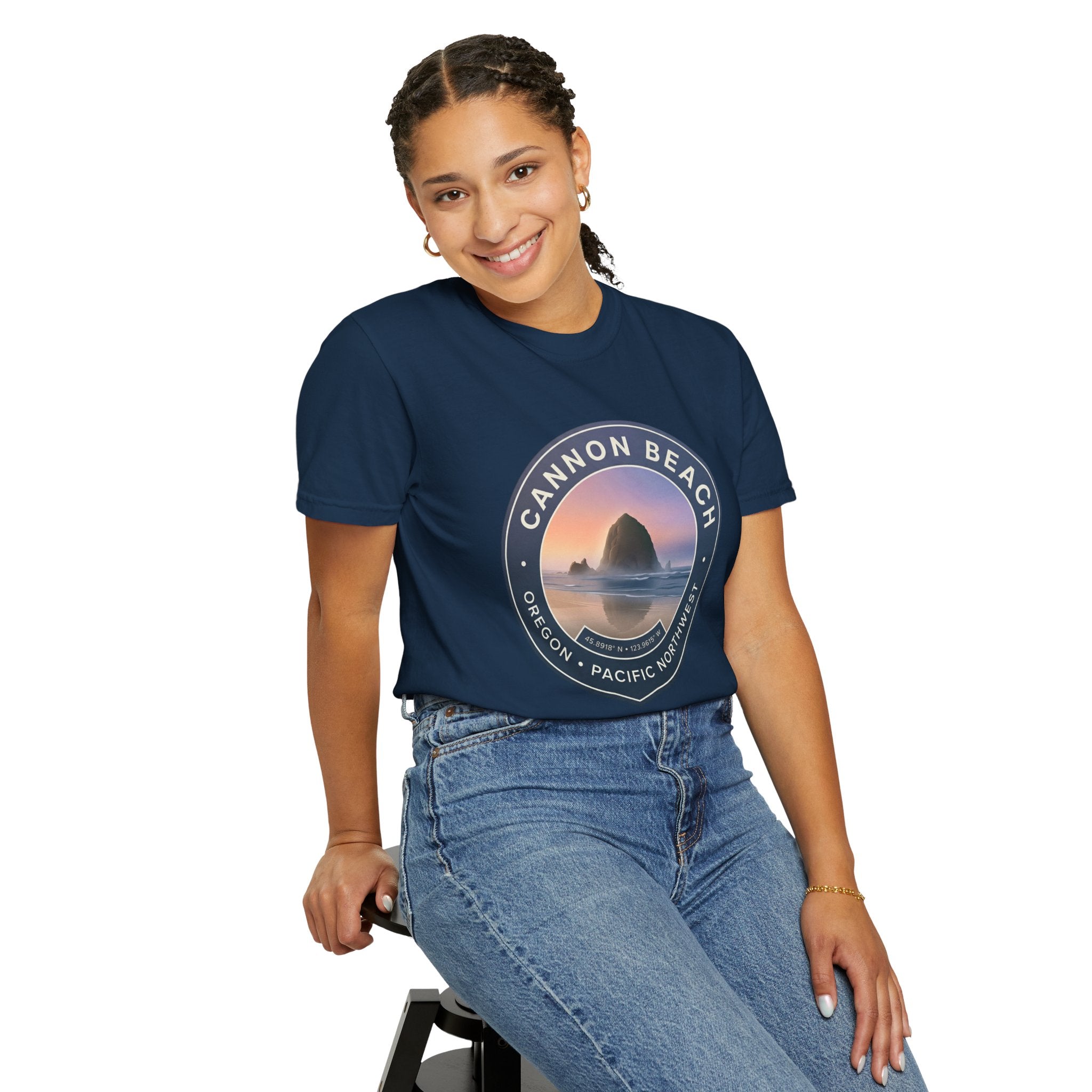 Cannon Beach Oregon T-Shirt – Haystack Rock Minimal Badge Tee | Pacific Northwest Aesthetic Shirt | Unisex Streetwear Graphic Tee | Unisex Garment-Dyed T-shirt