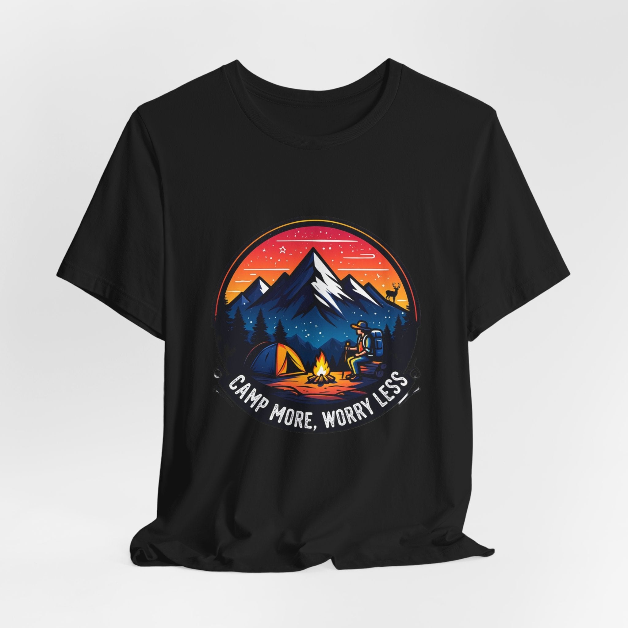 "Camp More Worry Less" Graphic Tee | Unisex Camping Hiking Outdoor T-Shirt  | Unisex Jersey Short Sleeve Tee