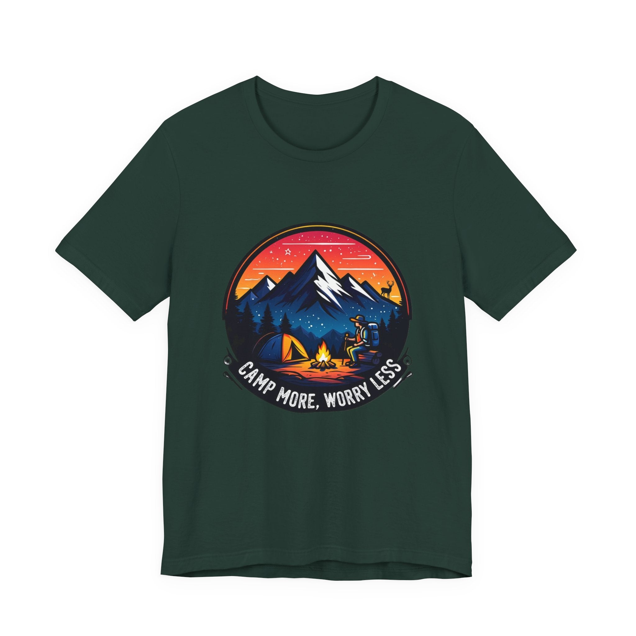 "Camp More Worry Less" Graphic Tee | Unisex Camping Hiking Outdoor T-Shirt  | Unisex Jersey Short Sleeve Tee