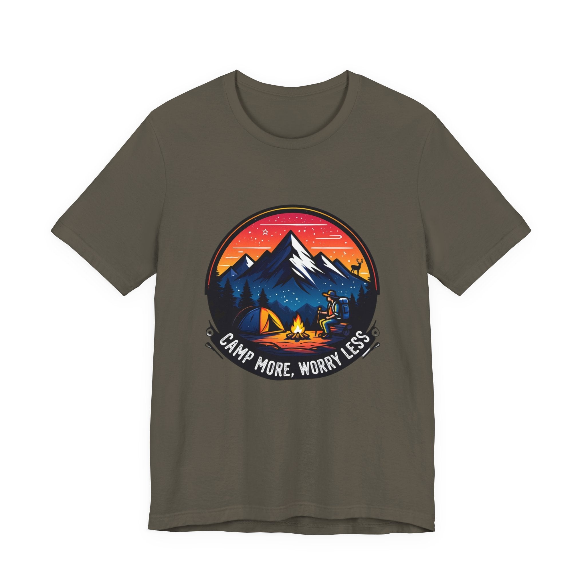 "Camp More Worry Less" Graphic Tee | Unisex Camping Hiking Outdoor T-Shirt  | Unisex Jersey Short Sleeve Tee