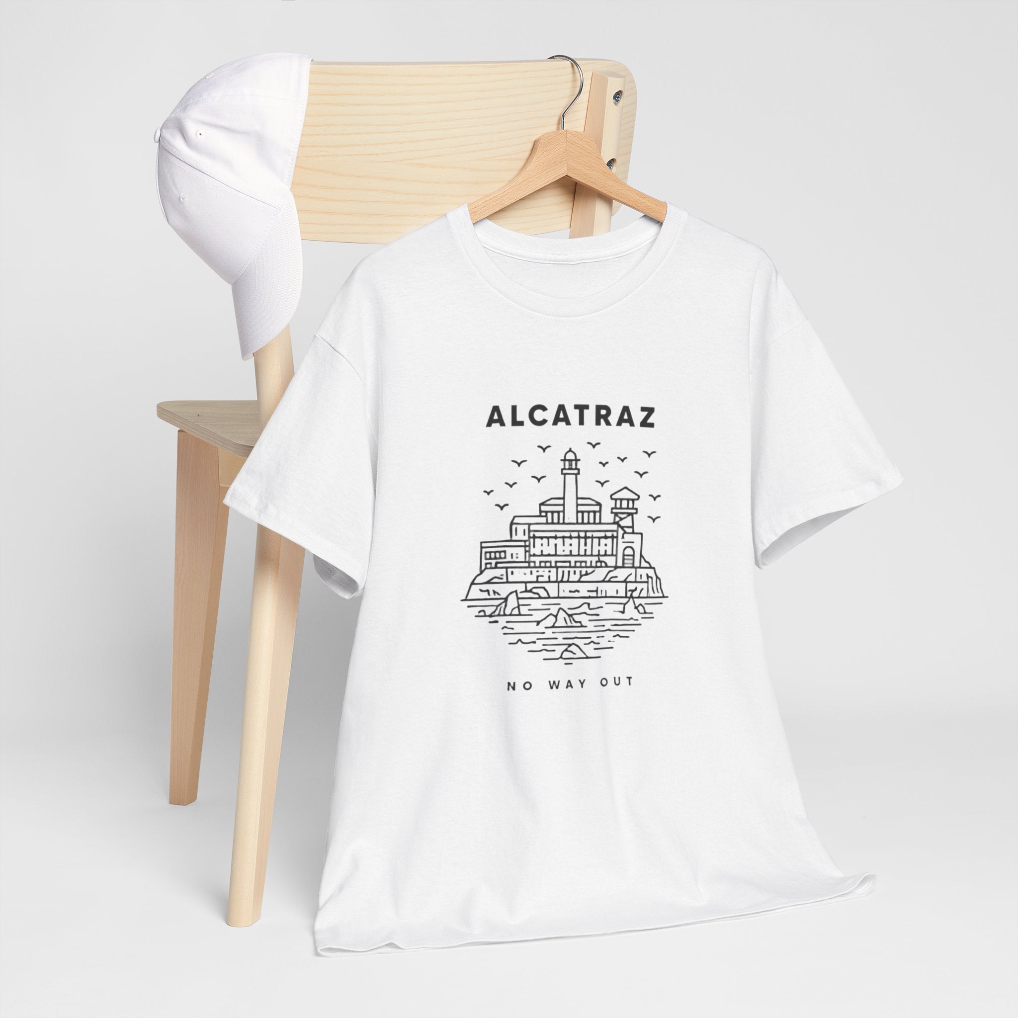Alcatraz “No Way Out” Minimal Line Art T-Shirt – San Francisco Streetwear Graphic Tee (Unisex Heavy Cotton Tee)